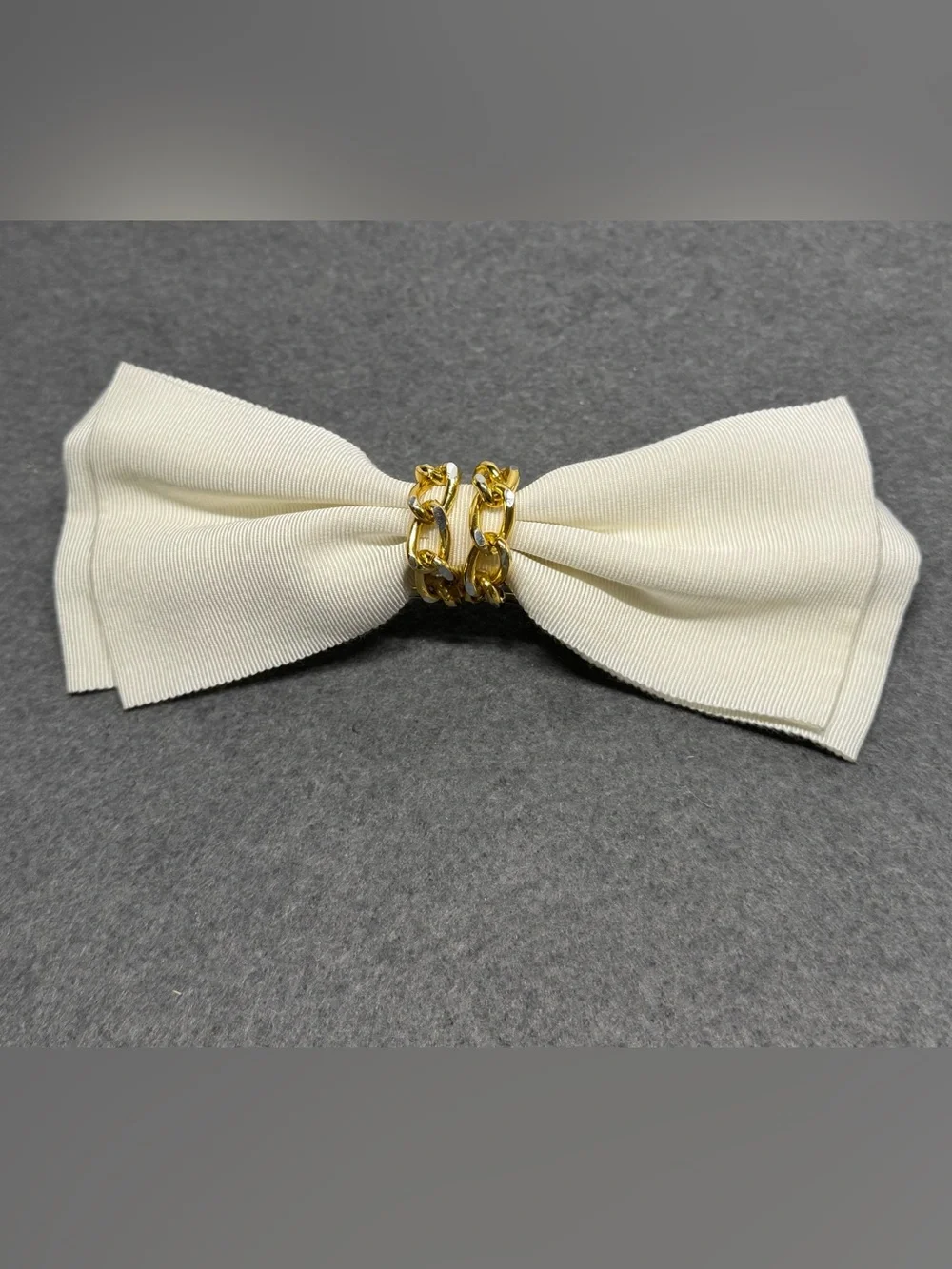 Bow Hair Clips Made In France Ivory Navy Blue Gold Tone Chain- Set Of 2